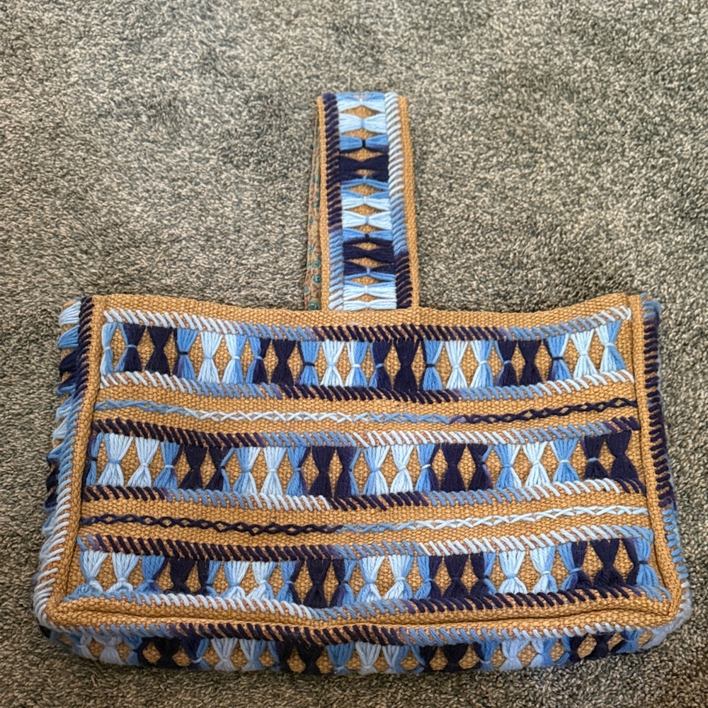 Stylish Blue and Brown Patterned  Woven Jute Tote Bag